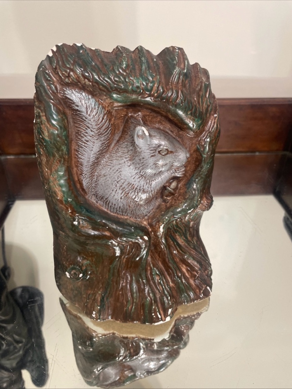 Hand-Painted Ceramic Squirrel Tree Stump Sculpture - Brown/Green